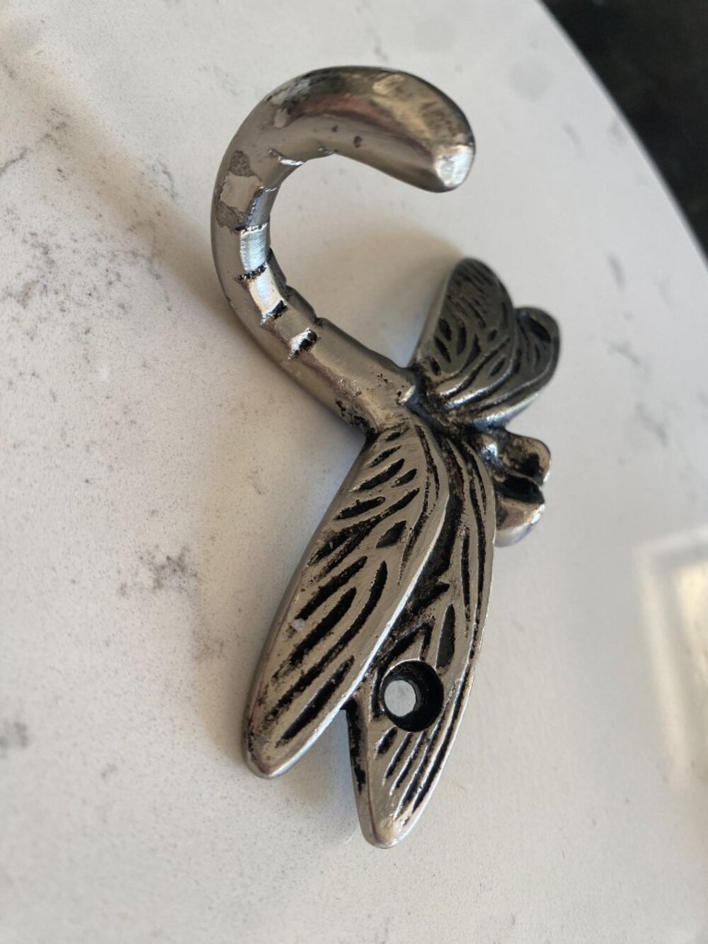 Cast Metal Dragonfly Wall Hook Silver Tone Decorative Coat Hook 4" Vintage